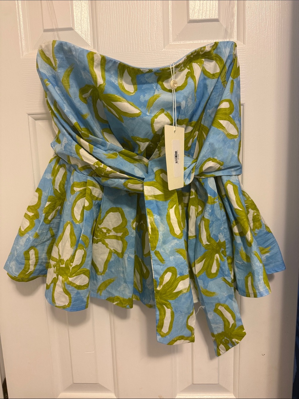 entro Strapless Floral Peplum Top - Blue, Green & White